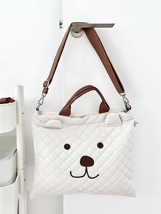 SHEIN 1pc Quilted Diaper Bag With Embroidered Cartoon Bear Design, White, Portable Maternity Travel Bag With Detachable Shoulder Strap For Mommy