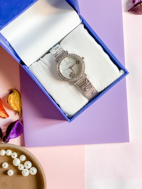 Women Watch Premium Wrist 1 Silver Dial Gift Set Box