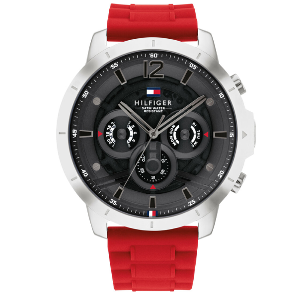 Tommy Hilfiger Men's Quartz Red Silicone Strap Grey Dial 50mm Watch 1710490