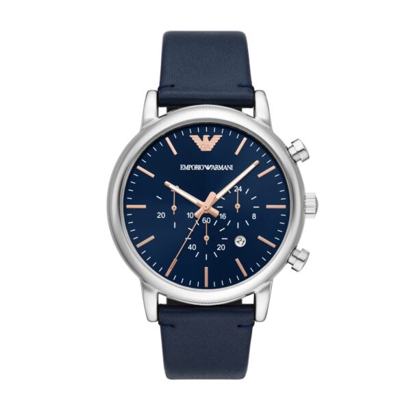 Emporio Armani Men's Chronograph Leather Strap Blue Dial 46mm Watch - AR11451