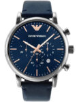 Emporio Armani Men's Chronograph Leather Strap Blue Dial 46mm Watch - AR11451