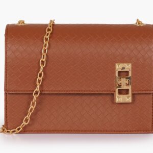 Weaved Chain Shoulder Bag with Twist Lock - Brown