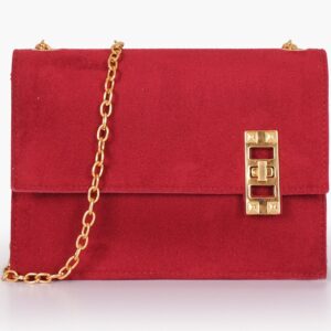 Suede Chain Shoulder Bag with Twist Lock - Burgundy