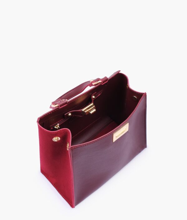 Burgundy Suede Front Lock Top Handle Mini Bag - Brown