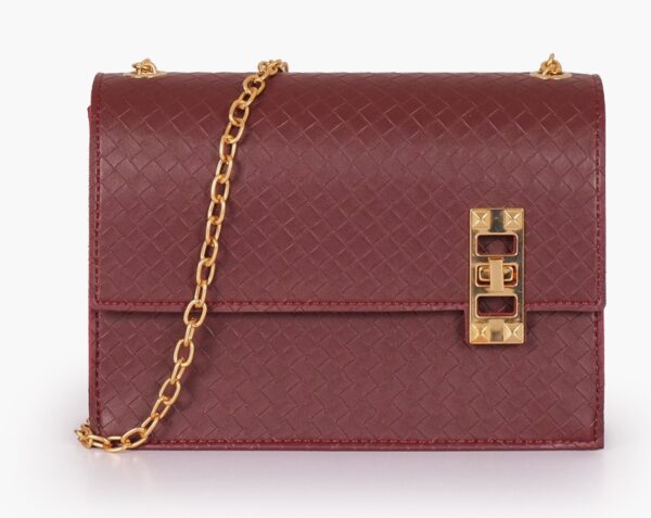 Weaved Chain Shoulder Bag with Twist Lock - Burgundy