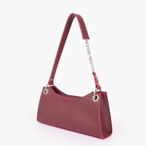 Burgundy Weaved Elongated Chain Handle Purse - Brown