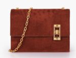 Dark Suede Chain Shoulder Bag With Twist Lock - Brown