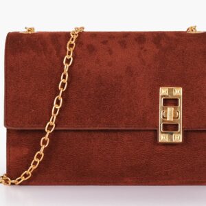 Dark Suede Chain Shoulder Bag With Twist Lock - Brown