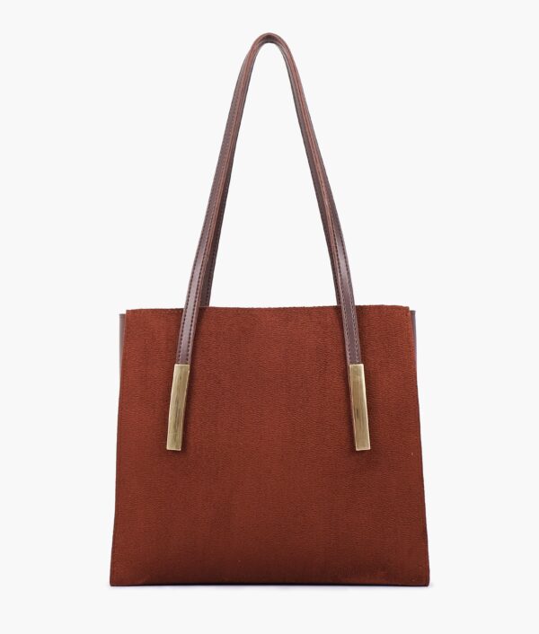 Suede Zipper Shoulder Bag With Long Handle - Dark Brown