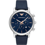 Emporio Armani Men's Chronograph Leather Strap Blue Dial 46mm Watch - AR11451