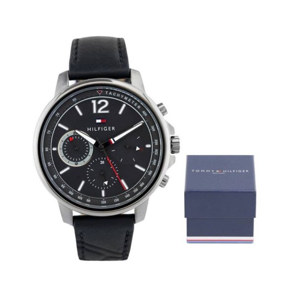 Tommy Hilfiger Quartz Black Leather Strap Grey Dial 46mm Watch for Men - 1791533