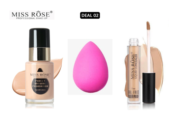 Miss Rose Concealer Purely Foundation And Blender - 3 Pcs Set