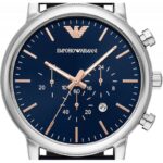 Emporio Armani Men's Chronograph Leather Strap Blue Dial 46mm Watch - AR11451