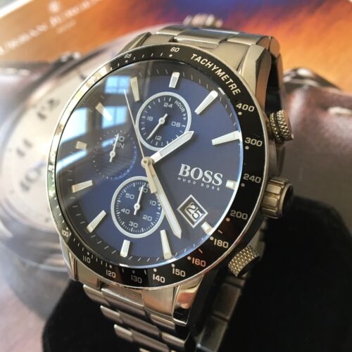 Hugo Boss Mens Chronograph Quartz Rafale Silver Stainless Steel Blue Dial 43mm Watch - 1513510